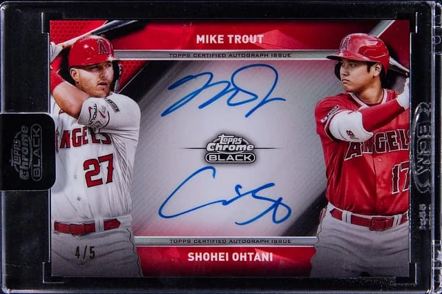 2024 Topps Chrome Black Shohei Ohtani/Mike Trout Pitch Black Pairings Dual Autographs Red Trim Refractor #PBDA-TO card image