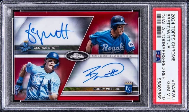2024 Topps Chrome Bobby Witt Jr./George Brett Dual Autographs Red Refractor #DA-BWJ card image