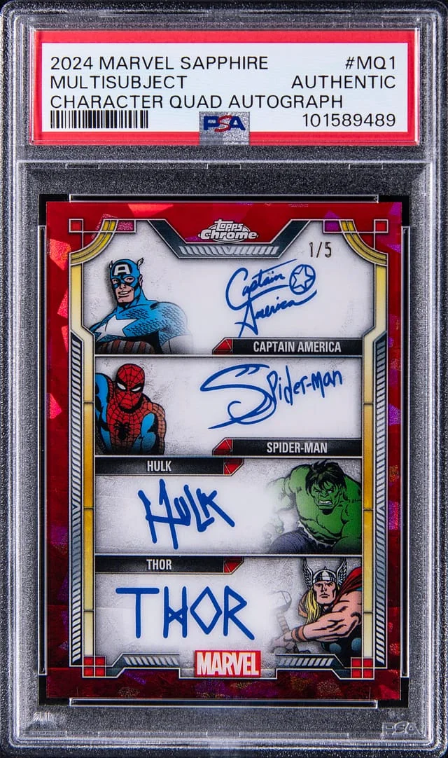 2024 Topps Chrome Captain America/Spider-Man/Hulk/Thor Marvel Sapphire Edition Character Quad Autographs #MQ-1 card image