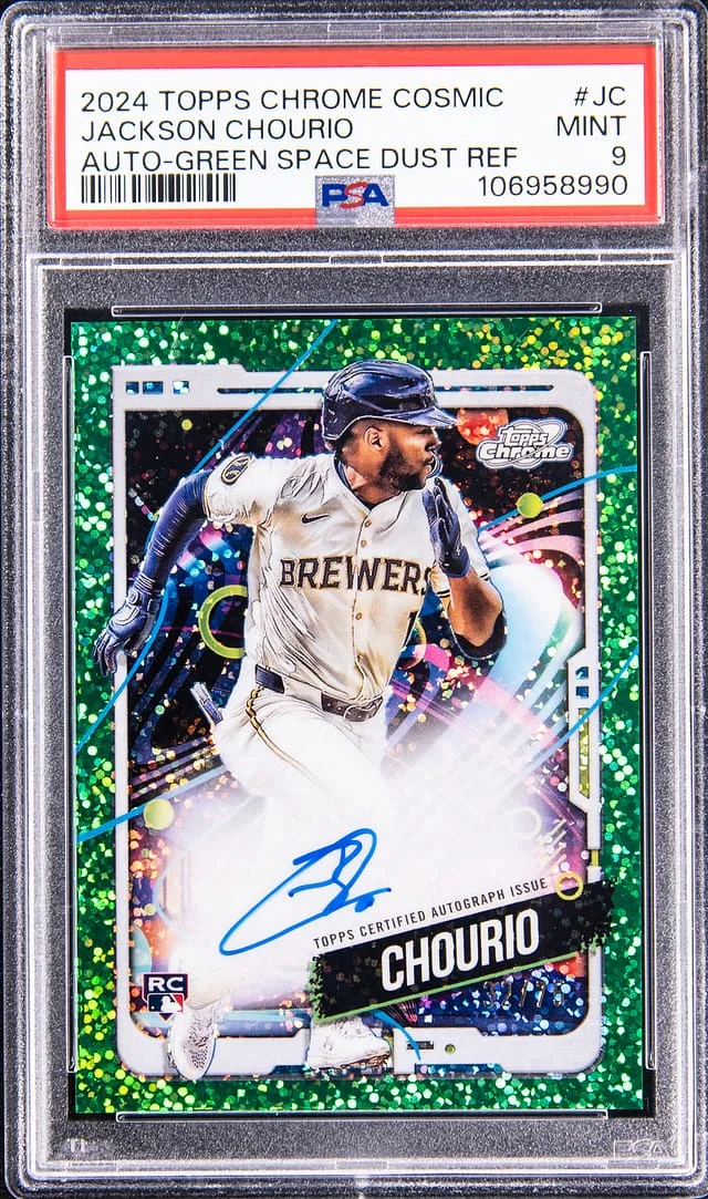 2024 Topps Chrome Cosmic Jackson Chourio Autograph Green Space Dust Refractor #JC card image