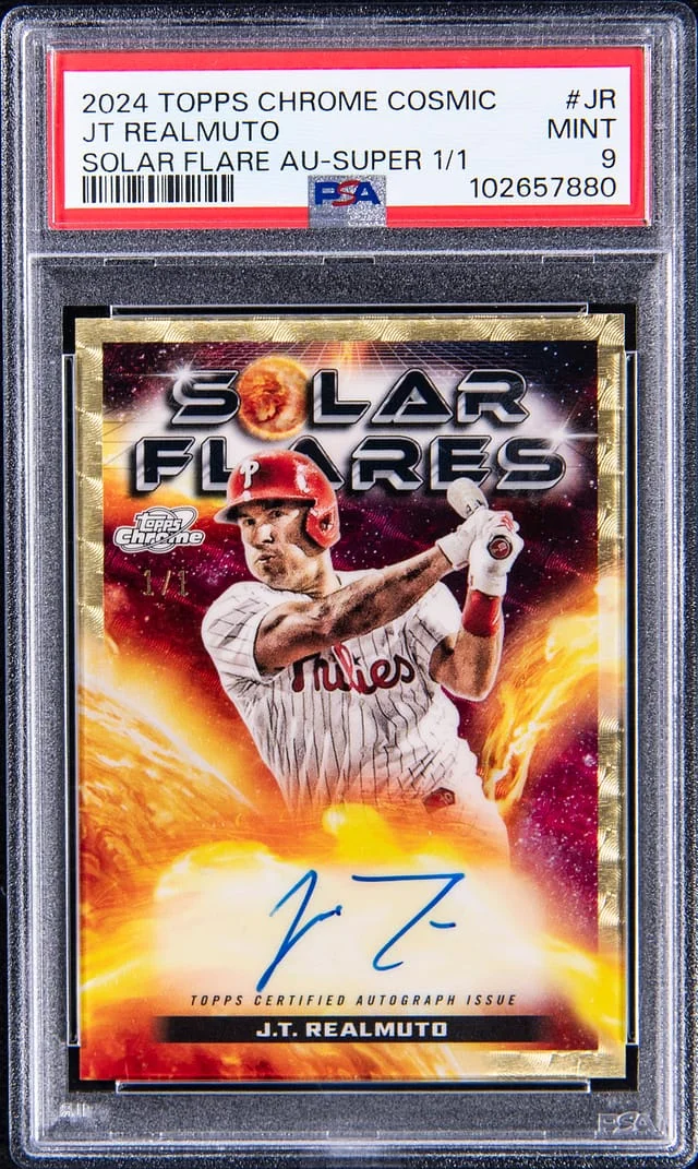 2024 Topps Chrome Cosmic JT Realmuto Solar Flare Autograph SuperFractor #SFA-JR card image