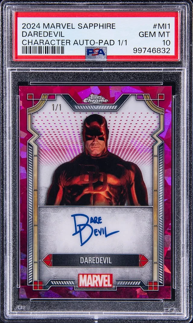 2024 Topps Chrome Daredevil Marvel Sapphire Character Autograph Padparadscha #MI-1 card image