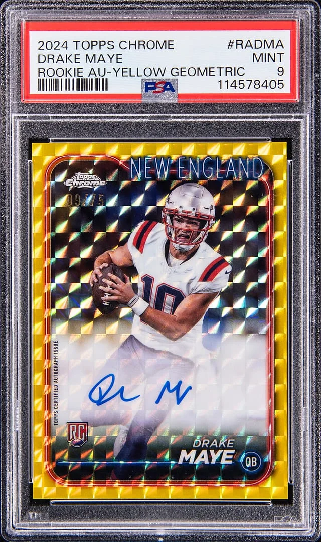 2024 Topps Chrome Drake Maye Autograph Yellow Geometric #RADMA card image