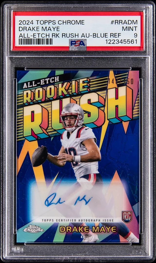 2024 Topps Chrome Drake Maye All-Etch Rush Autograph Blue Refractor #RRA-DM card image