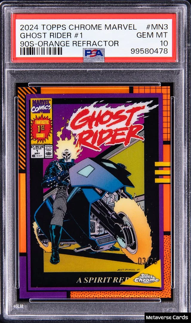 2024 Topps Chrome Ghost Rider #1 Marvel 90s Orange Refractor #MN-3 card image