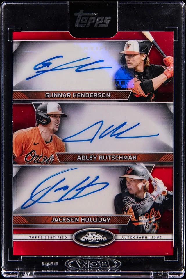 2024 Topps Chrome Gunnar Henderson/Adley Rutschman/Jackson Holliday Triple Autograph Red Refractor #CTA-HRH card image
