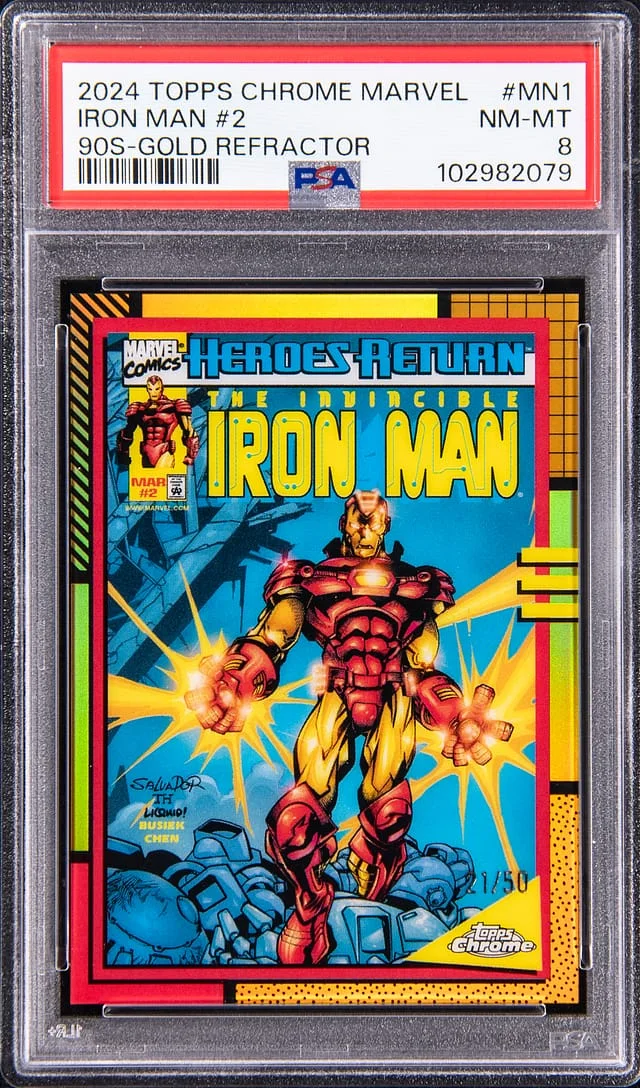 2024 Topps Chrome Iron Man #2 Marvel 90s Gold Refractor #MN1 card image