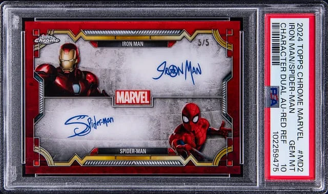 2024 Topps Chrome Iron Man/Spider-Man Marvel Character Dual Autographs Red Refractor #MD-2 card image