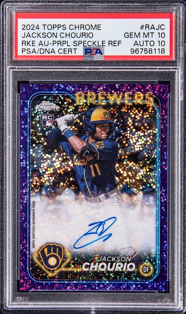 2024 Topps Chrome Jackson Chourio Autographs Purple Speckle Refractor #RAJC card image