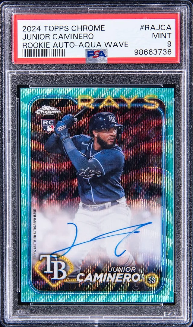 2024 Topps Chrome Junior Caminero Autographs Aqua Wave Refractor #RA-JCA card image