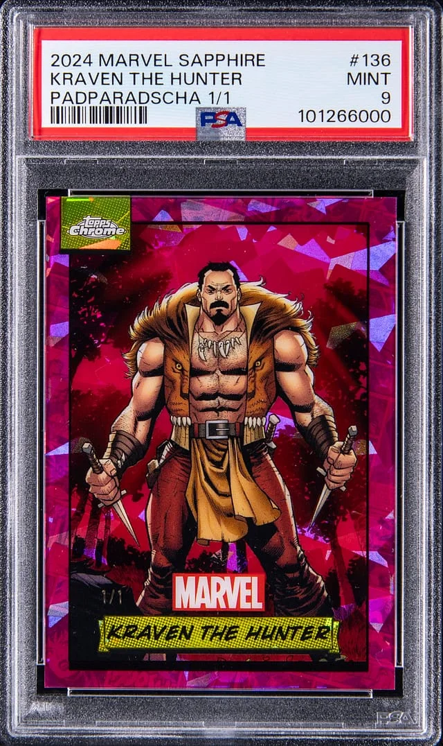 2024 Topps Chrome Kraven the Hunter Marvel Sapphire Edition Padparadscha #136 card image