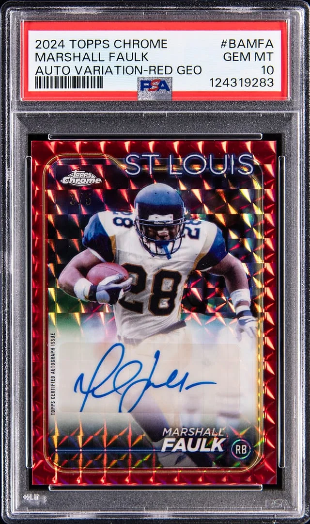 2024 Topps Chrome Marshall Faulk Autograph Variation Red Geometric Refractor #BA-MFA card image