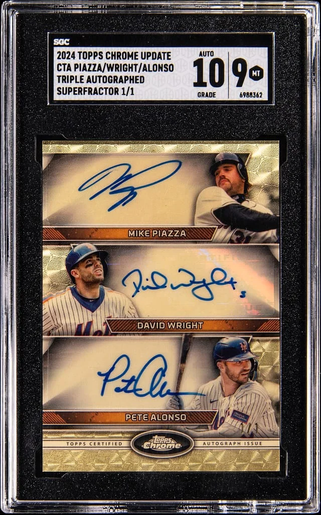 2024 Topps Chrome Mike Piazza/David Wright/Pete Alonso Multi-Signed Triple Autographs SuperFractor #CTA-PRA card image