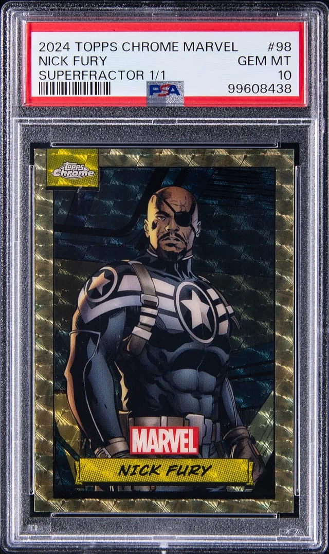 2024 Topps Chrome Nick Fury Marvel Gold Wave Refractor #98 card image