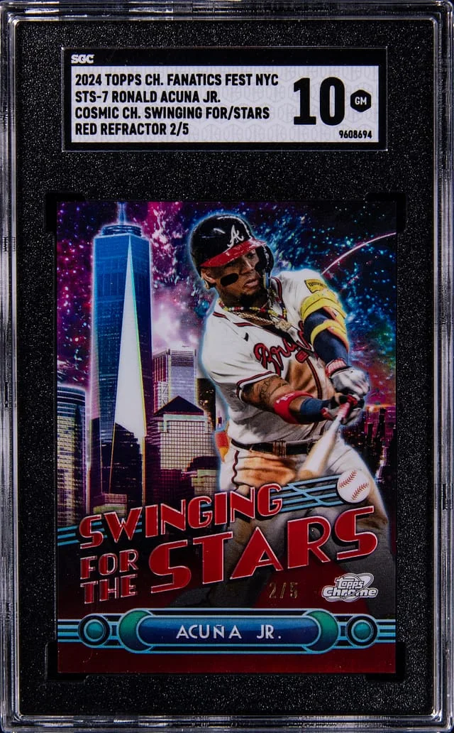 2024 Topps Chrome Ronald Acuna Jr. Fanatics Fest NYC Cosmic Chrome Swinging for the Stars Red Refractor #STS-7 card image