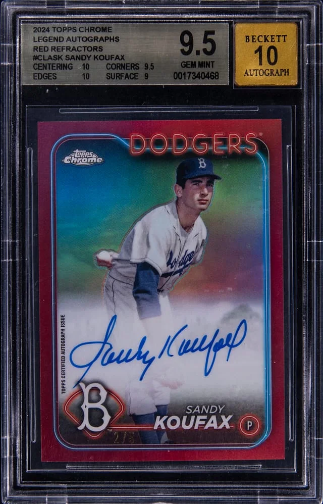 2024 Topps Chrome Sandy Koufax Legend Autographs Red Refractor #CLASK card image