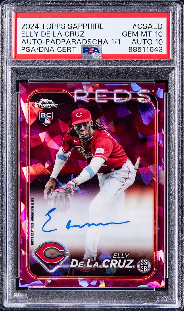 2024 Topps Chrome Sapphire Elly De La Cruz Chrome Sapphire Autographs Padparadscha Refractor #CSA-ED card image