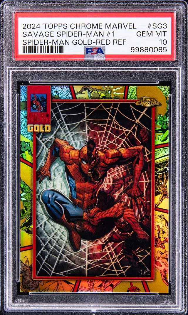2024 Topps Chrome Savage Spider-Man #1 Marvel Spider-Man Gold Red Refractor #SG-3 card image