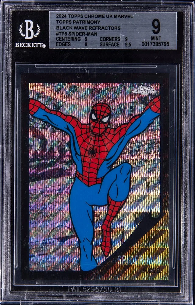 2024 Topps Chrome Spider-Man UK Marvel Topps Patrimony Black Wave Refractor #TP5 card image