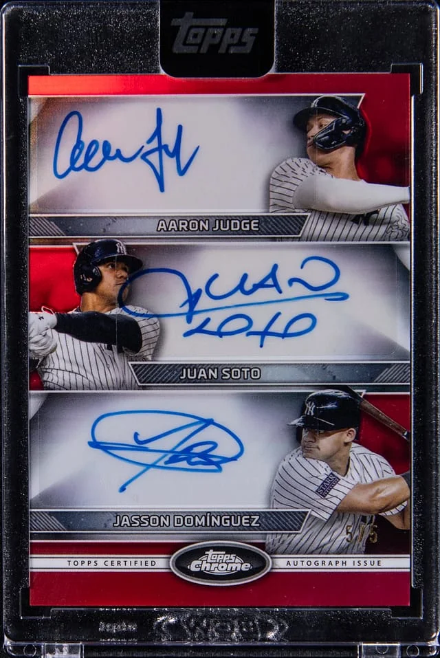 2024 Topps Chrome Update Aaron Judge/Juan Soto/Jasson Dominguez Multi-Signed Card - Topps Encased Triple Autographs Red Refractor #CTA-JSD card image