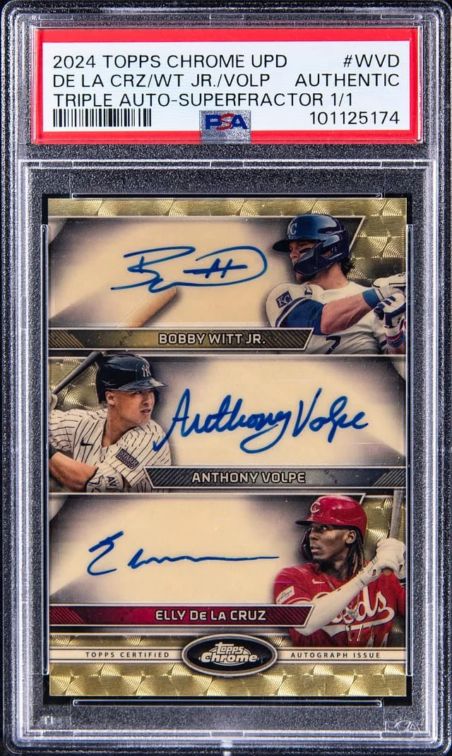 2024 Topps Chrome Update Bobby Witt Jr./Anthony Volpe/Elly De La Cruz Multi-Signed Triple Autograph SuperFractor #CTA-WVD card image