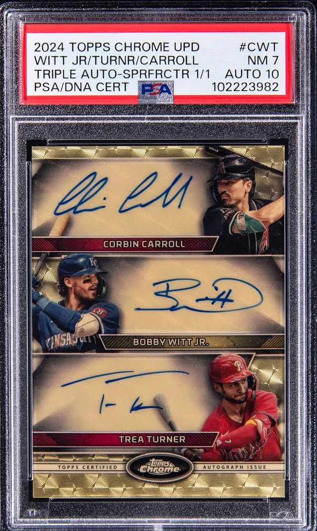 2024 Topps Chrome Update Corbin Carroll/Bobby Witt Jr./Trea Turner Multi-Signed Triple Autograph SuperFractor #CTA-CWT card image