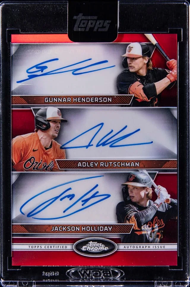 2024 Topps Chrome Update Gunnar Henderson/Adley Rutschman/Jackson Holliday Multi-Signed Card - Topps Encased Triple Autographs Red Refractor #CTA-HRH card image