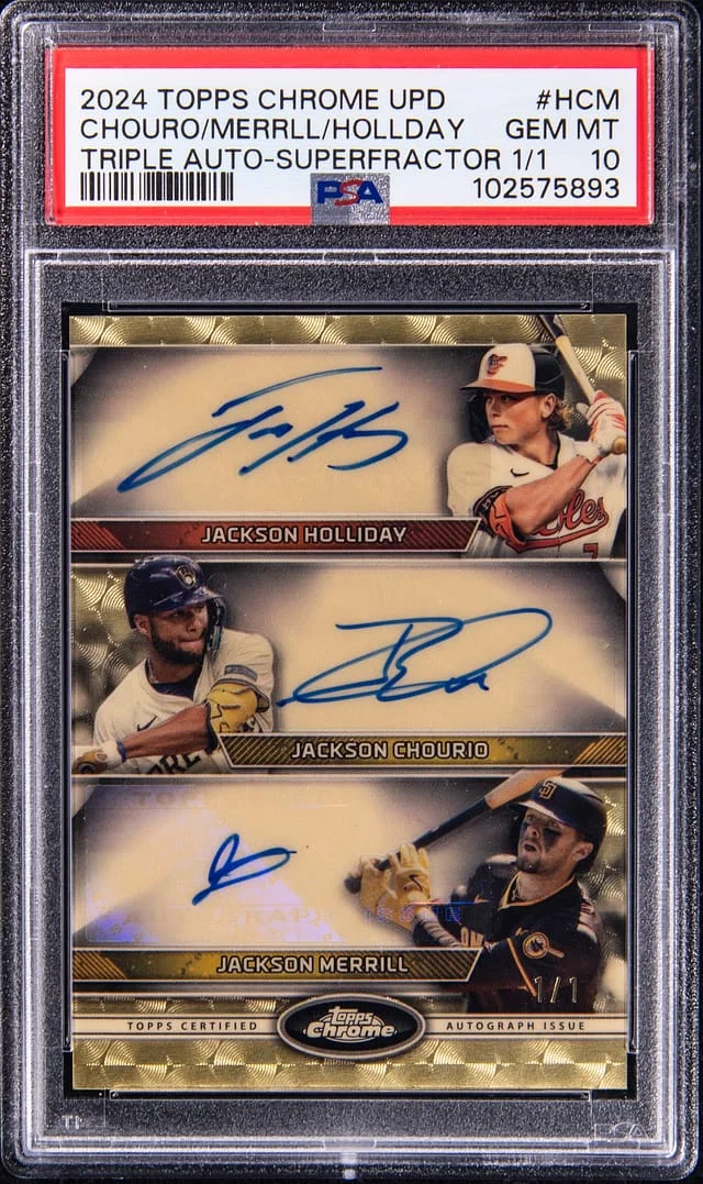 2024 Topps Chrome Update Jackson Holliday/Jackson Chourio/Jackson Merrill Multi-Signed Triple Autographs SuperFractor #CTA-HCM card image