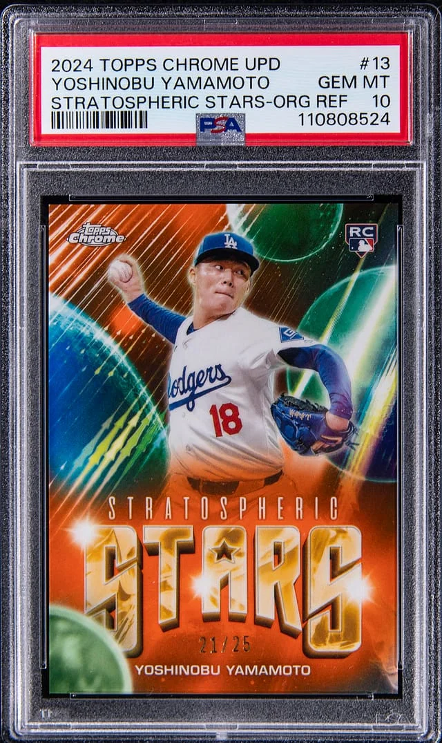 2024 Topps Chrome Update Yoshinobu Yamamoto Stratospheric Stars Orange Refractor #13 card image