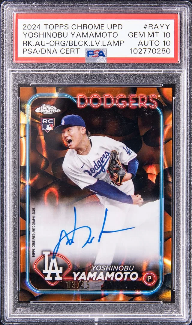 2024 Topps Chrome Update Yoshinobu Yamamoto Autograph Green/Yellow Lava Lamp Refractor #RA-YY card image