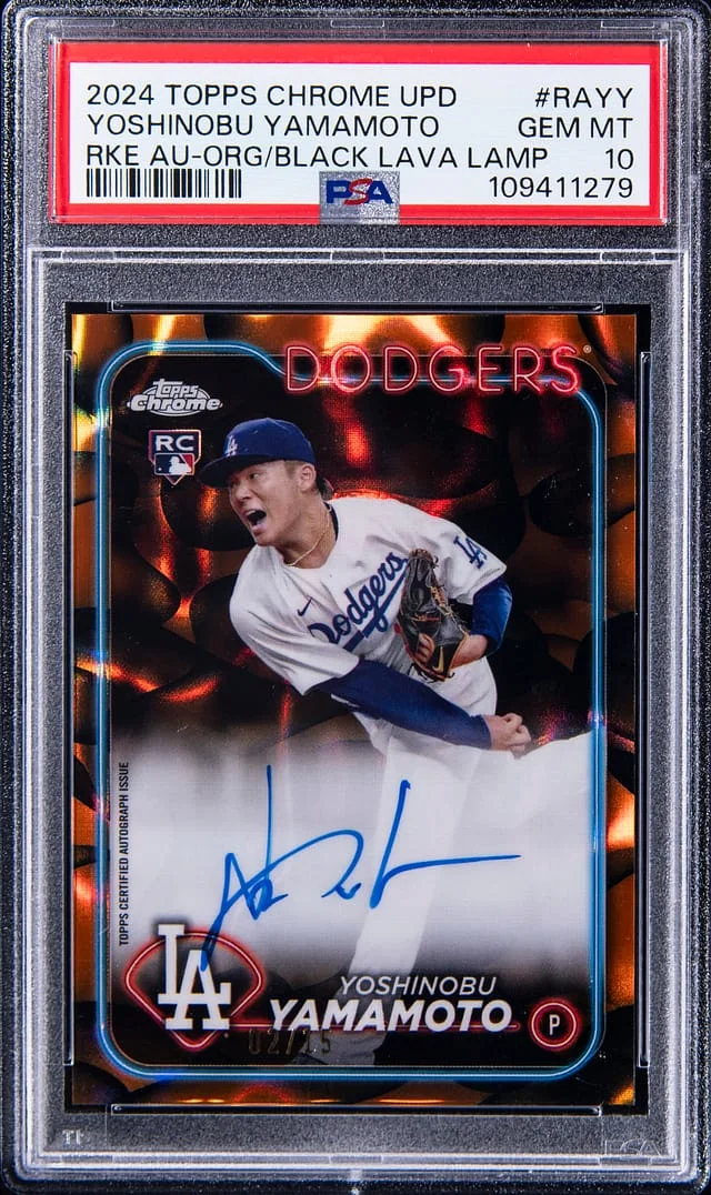 2024 Topps Chrome Update Yoshinobu Yamamoto Autograph Orange Black Lava Lamp #RAYY card image