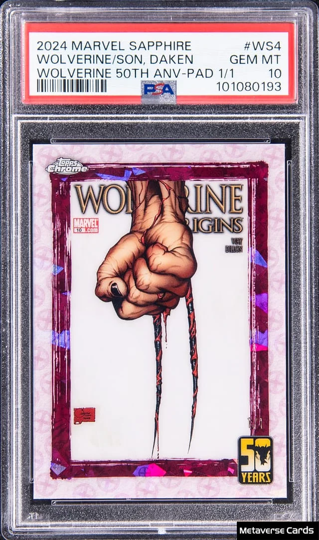 2024 Topps Chrome Wolverine Meets His Son, Daken Marvel Sapphire Wolverine 50th Anniversary Padparadscha #WS-4 card image
