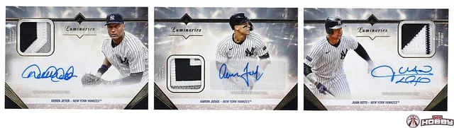 2024 Topps Derek Jeter/Aaron Judge/Juan Soto Multi-Signed Game-Used Luminaries Guiding Light Triple Autograph Relic Book #GLTAR-JJS card image