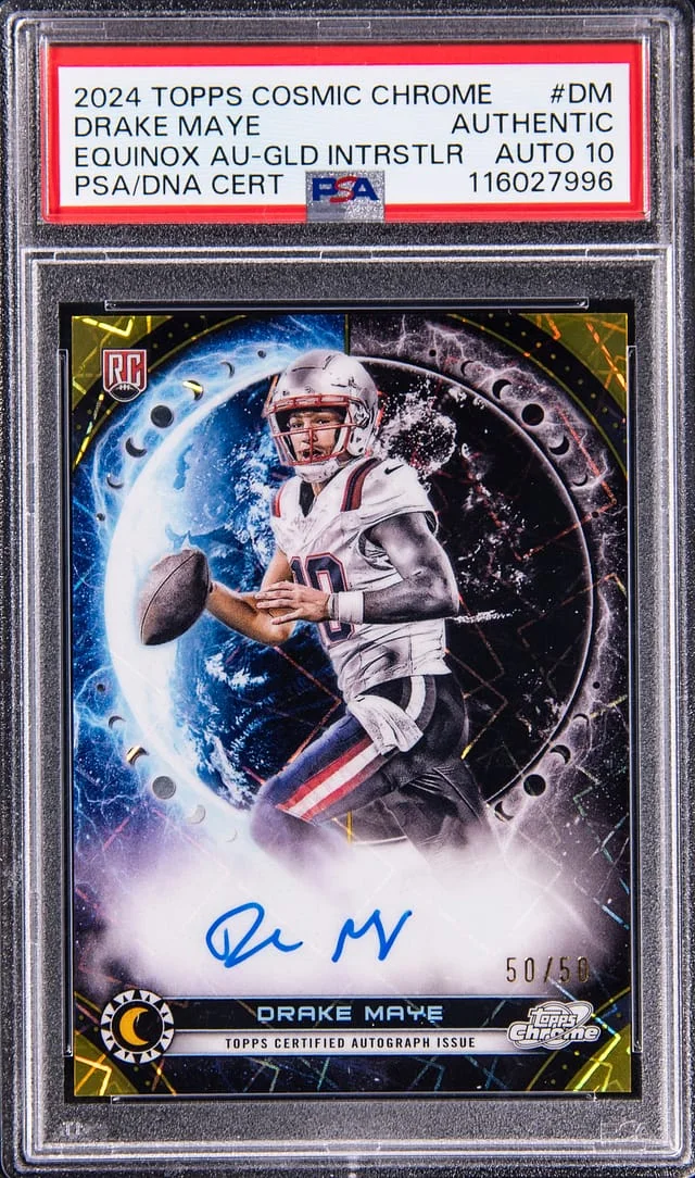 2024 Topps Drake Maye Cosmic Chrome Equinox Autographed Gold Interstellar #EQA-DM card image
