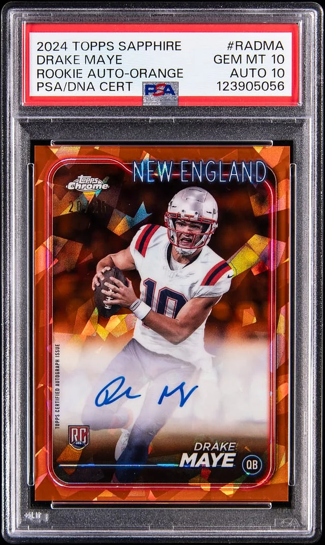 2024 Topps Drake Maye Sapphire Autograph-Orange #RA-DMA card image