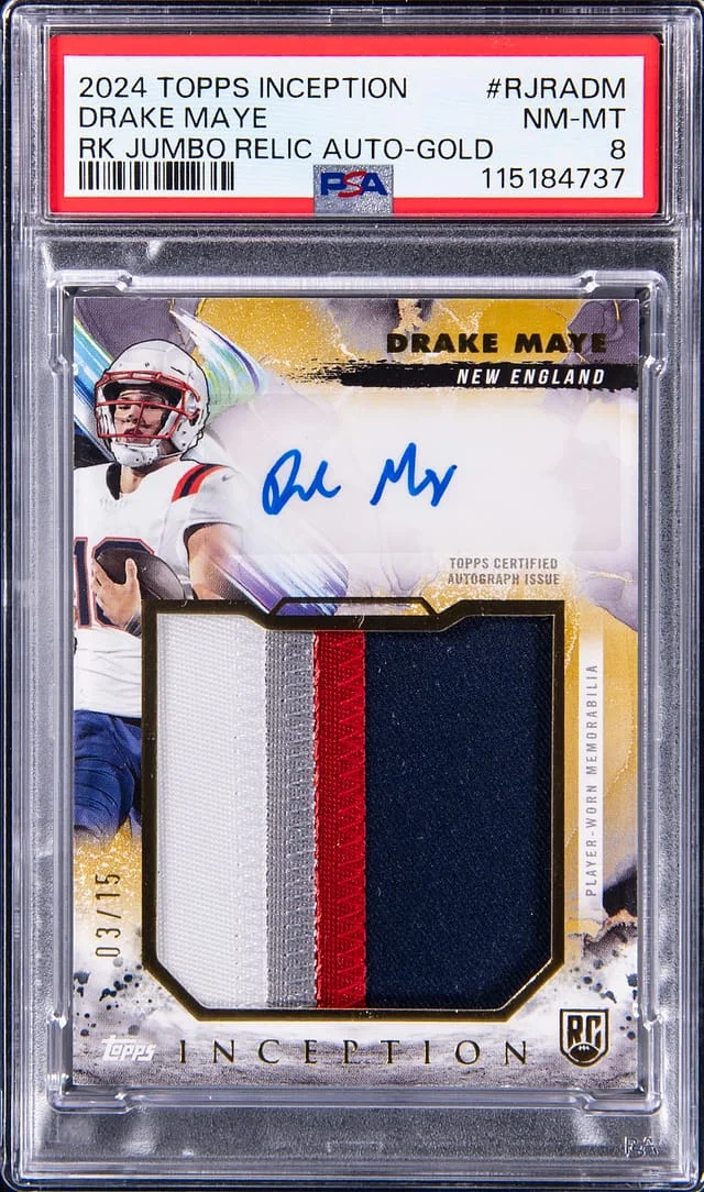 2024 Topps Drake Maye Inception Jumbo Relic Autograph Gold #RJRA-DM card image