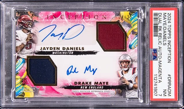 2024 Topps Drake Maye/Jayden Daniels Inception Dual Relic Autographs Magenta #DRRA-DM card image