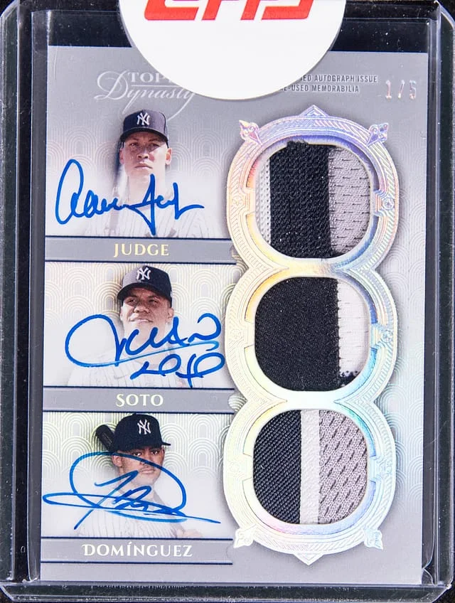 2024 Topps Dynasty Aaron Judge/Juan Soto/Jasson Dominguez Multi-Signed Game-Used Triple Autographed Patch #TAP-JSD card image