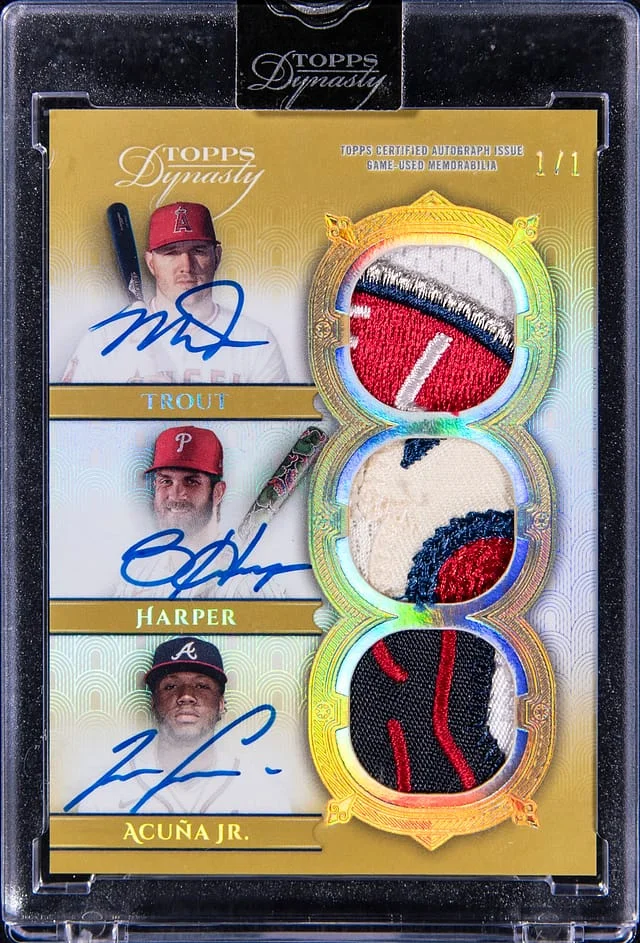 2024 Topps Dynasty Mike Trout/Bryce Harper/Ronald Acuna Jr. Multi-Signed Game-Used Triple Autographed Patch #TAP-THA card image