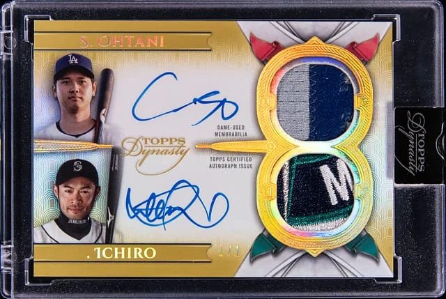 2024 Topps Dynasty Shohei Ohtani/Ichiro Dual Autographed Patch Gold #DAPC-OI card image