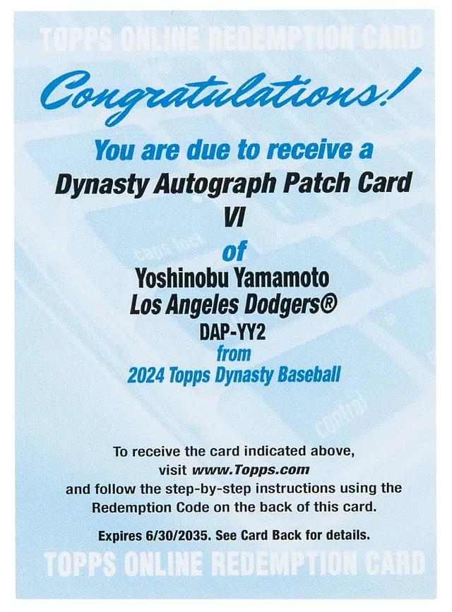 2024 Topps Dynasty Yoshinobu Yamamoto Autograph Patch VI #DAP-YY2 card image