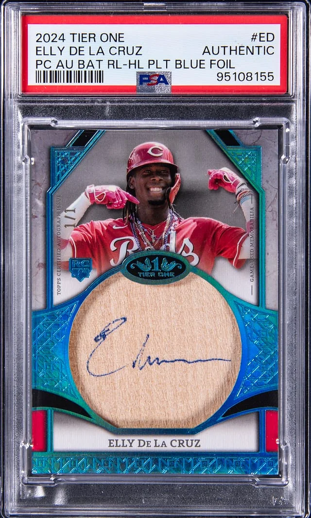2024 Topps Elly De La Cruz Tier One Perfect Contact Autographed Bat Relic Holo Platinum Blue Foil #PCAB-ED card image