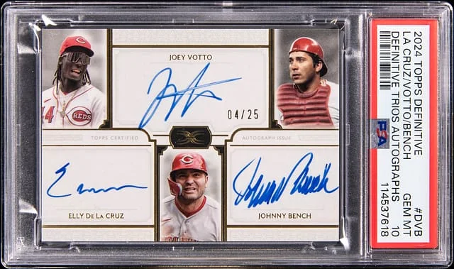 2024 Topps Elly De La Cruz/Joey Votto/Johnny Bench Multi-Signed Definitive Trios Autographs #DDAC-DVB card image