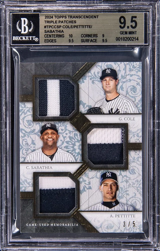2024 Topps Gerrit Cole/CC Sabathia/Andy Pettitte Game-Used Transcendent Collection Triple Patches #TPC-CSP card image
