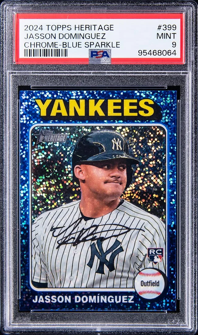 2024 Topps Heritage Chrome Jasson Dominguez Blue Sparkle #399 card image