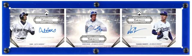 2024 Topps Ichiro/Shohei Ohtani/Yoshinobu Yamamoto Multi-Signed Luminaries Guiding Light Triple Autograph Book #GLTA-IOY card image