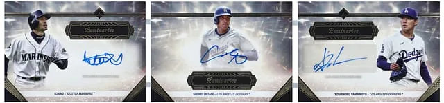 2024 Topps Ichiro/Shohei Ohtani/Yoshinobu Yamamoto Multi-Signed Luminaries Guiding Light Triple Autograph Book Black #GTLA-IOY card image