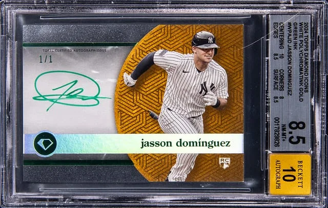 2024 Topps Jasson Dominguez Diamond Icons White Polychromatink Autograph Gold Green Ink #WPA-JD card image