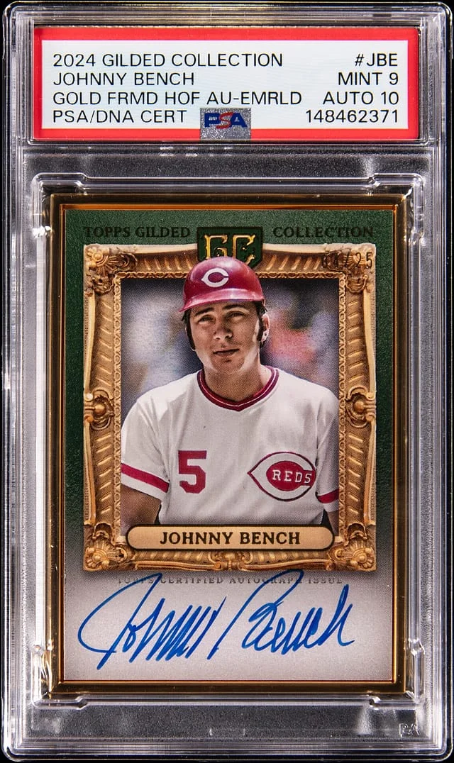 2024 Topps Johnny Bench Gilded Collection Gold Framed Hall of Famers Autograph Emerald #HAFA-JBE card image