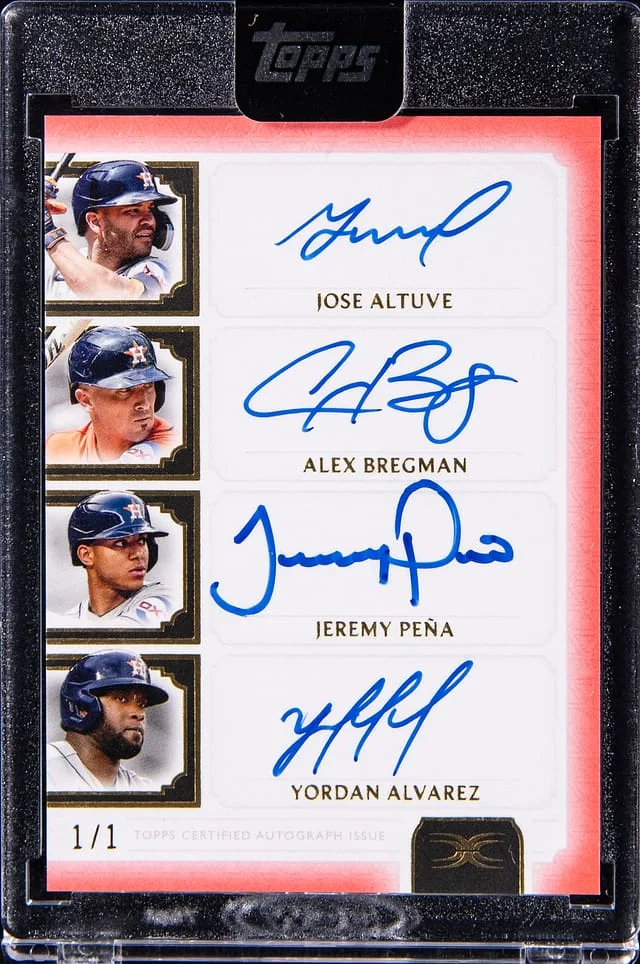 2024 Topps Jose Altuve/Alex Bregman/Jeremy Pena/Yordan Alvarez Multi-Signed Card - Topps Sealed Definitive Quad Autographs Red #DDQAC-ABPA card image